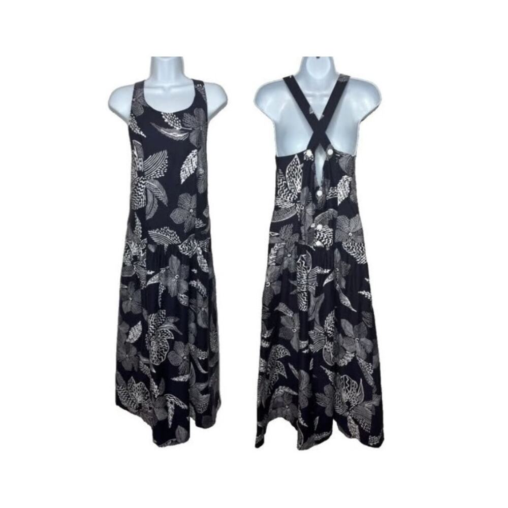 Vintage Lanz Purple Hawaiian Print Drop Waist Pinafore Maxi Dress with POCKETS!